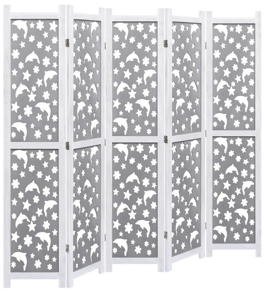 284193 vidaXL Paravan de cameră cu 5 panouri, gri, 175 x 165 cm, lemn masiv