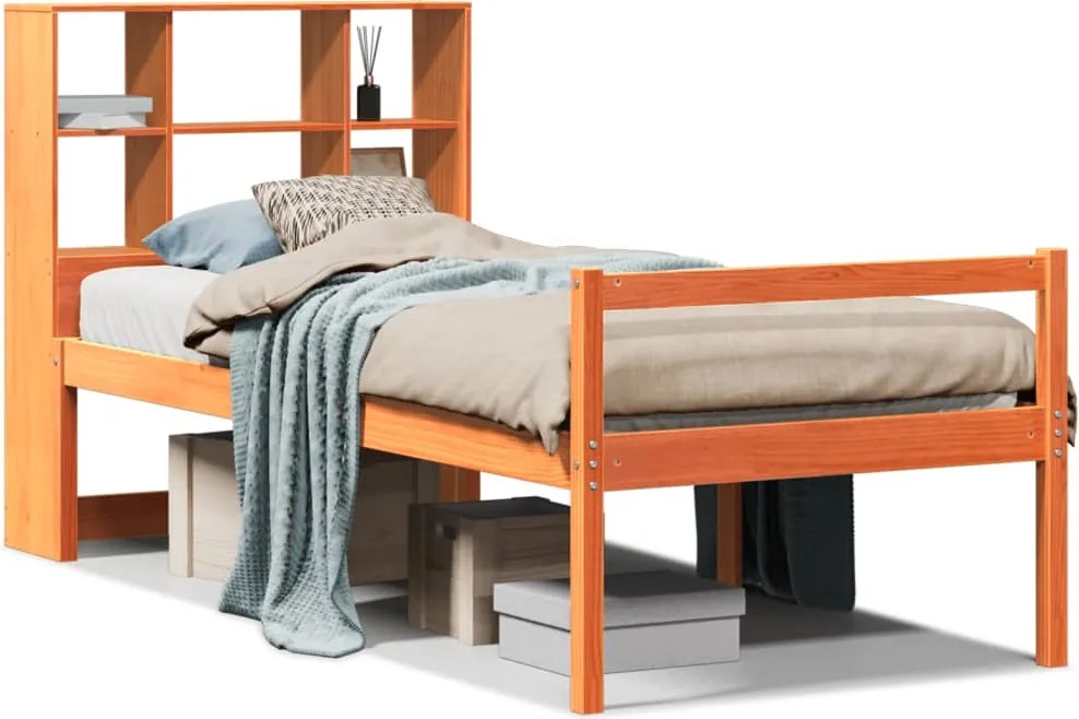 vidaXL Pat cu bibliotecă fără saltea maro ceruit 75x190 cm lemn masiv