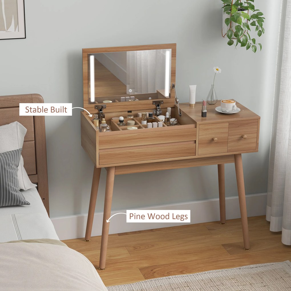 HOMCOM Masă de Toaletă pentru Machiaj cu Oglindă Rabatabilă și Lumini LED, Stație de Machiaj cu 3 Sertare, Compartimente Interne și Picioare din Pin, Masă de Toaletă pentru Dormitor, Modernă, 100x40x87 cm, Culoare Nuc | Aosom Romania