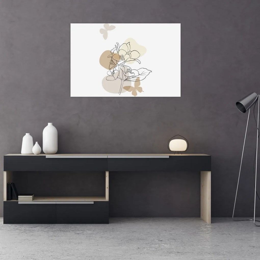 Tablou - Flori bej cu fluture N⁰1 (90x60 cm)