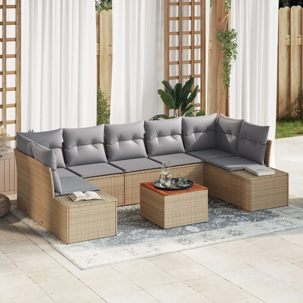 vidaXL Set de canapele pentru grădină, 8 piese, cu perne bej, din ratan poly și acacia.