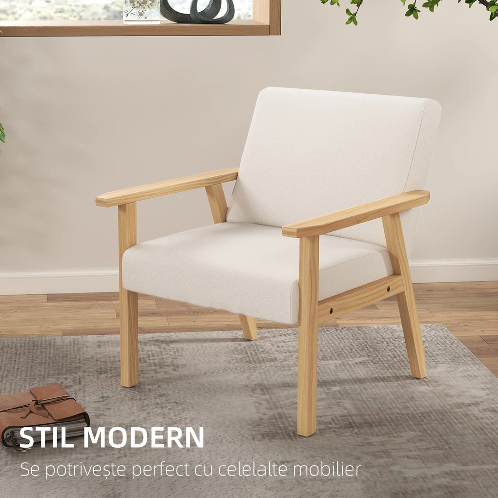 HOMCOM Fotoliu Modern cu 2 Perne din In și Picioare din Lemn de Pin, 64x70x72 cm, Alb Crem | Aosom Romania