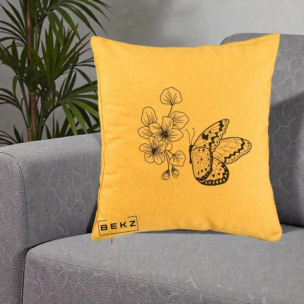 Perna Decorativa Fluture si Flori Linie Monocroma, 40x40 cm, Galben, Husa Detasabila, Perna Inclusa, BEKZ®