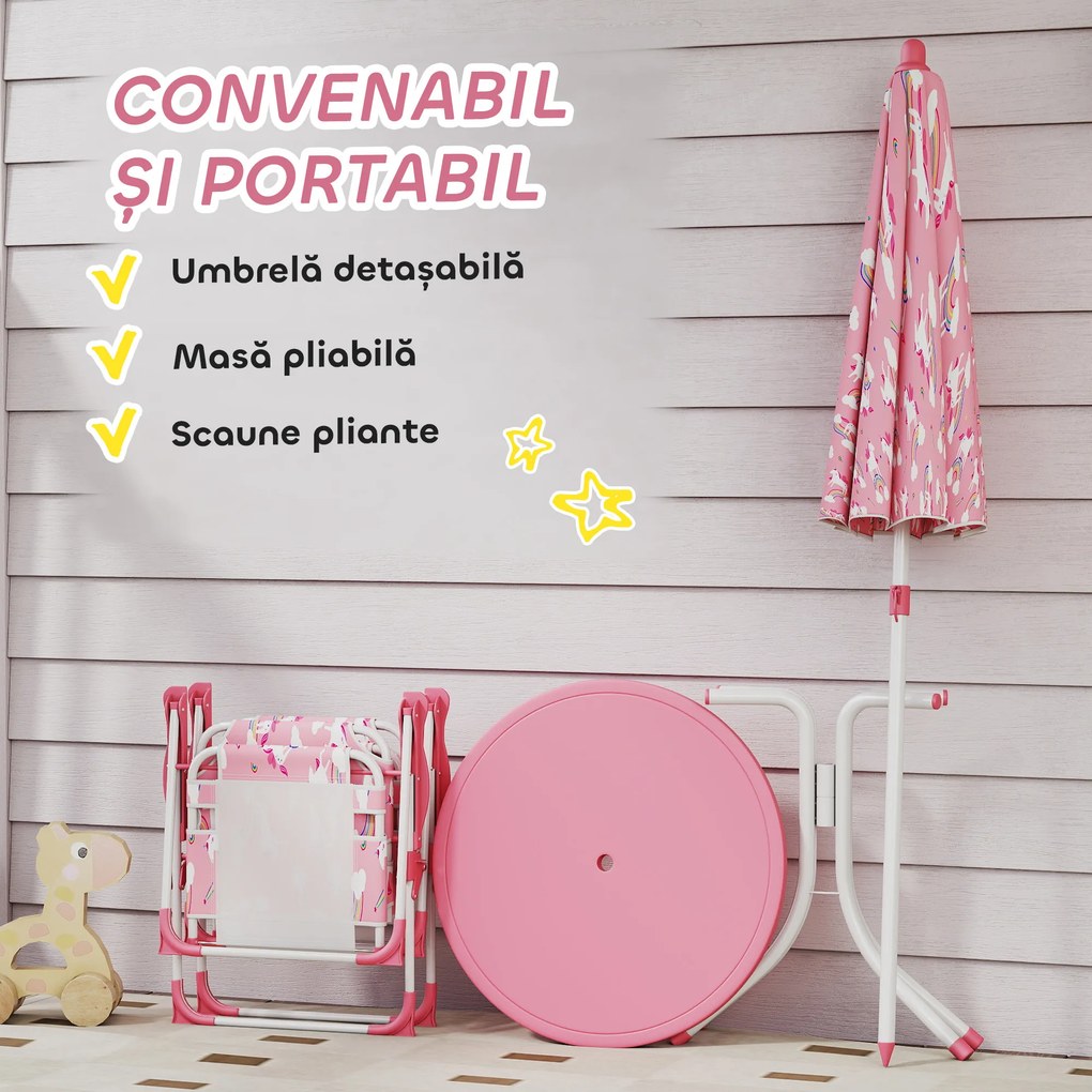 AIYAPLAY Masă de Picnic pentru Copii, Set Masă și Scaune cu 2 Scaune Pliabile și Umbrelă Detasabilă, Temă Junglă, Mobilier de Exterior pentru Grădină, Patio, Roz | Aosom Romania
