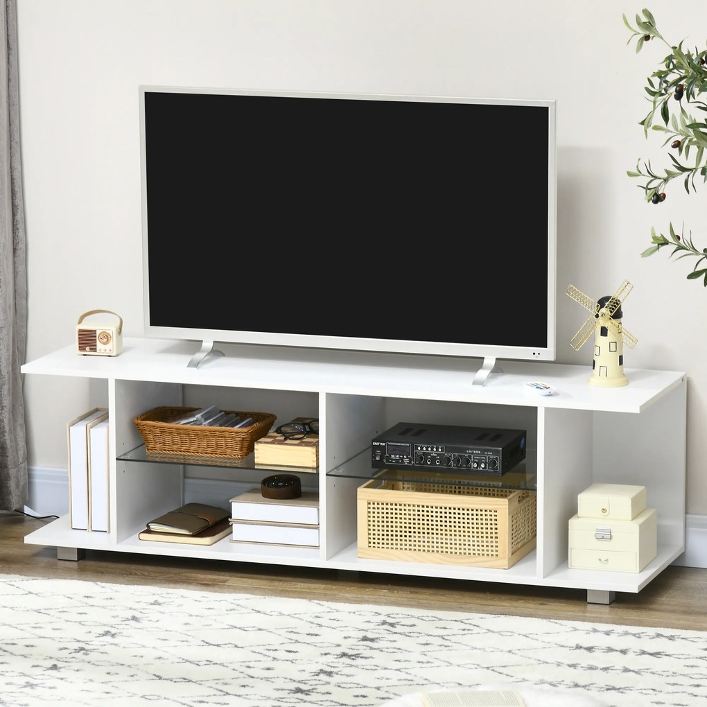 HOMCOM TV Stand, 145cm Modern TV Unit with Glass Shelves, RGB LED Light for 32 40 43 50 52 55 60 inch 4k TV, White | Aosom Romania