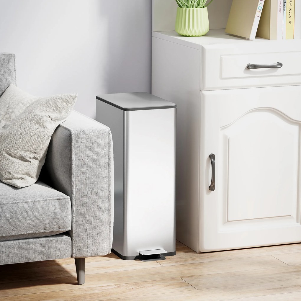 HOMCOM Coș de Gunoi de 20L Antiamprentă cu Închidere Lentă și Găleată Detașabilă, Coș cu Pedală, pentru Bucătărie, Living, Birou și Studiu, 21.5x37.2x57 cm, Argintiu | Aosom Romania