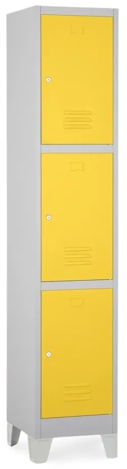 Dulap metalic - 3 cutii, 38 x 45 x 195 cm, picioare fixe, încuietoare cilindrică, galben - ral 1023