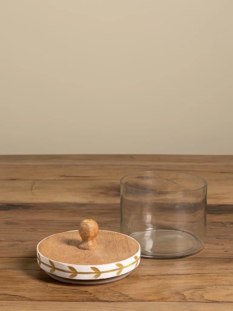 Borcan din sticlă natur cu capac din lemn de mango, model cu frunze stilizate pictat manual, 14 × 12 cm, „Bocage"