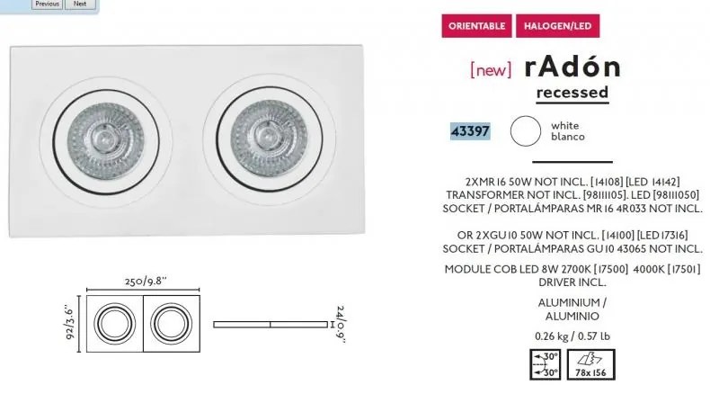 Rama spot directionabil, incastrabil, alb, dim. 25x9,2cm RADON-2, 43397