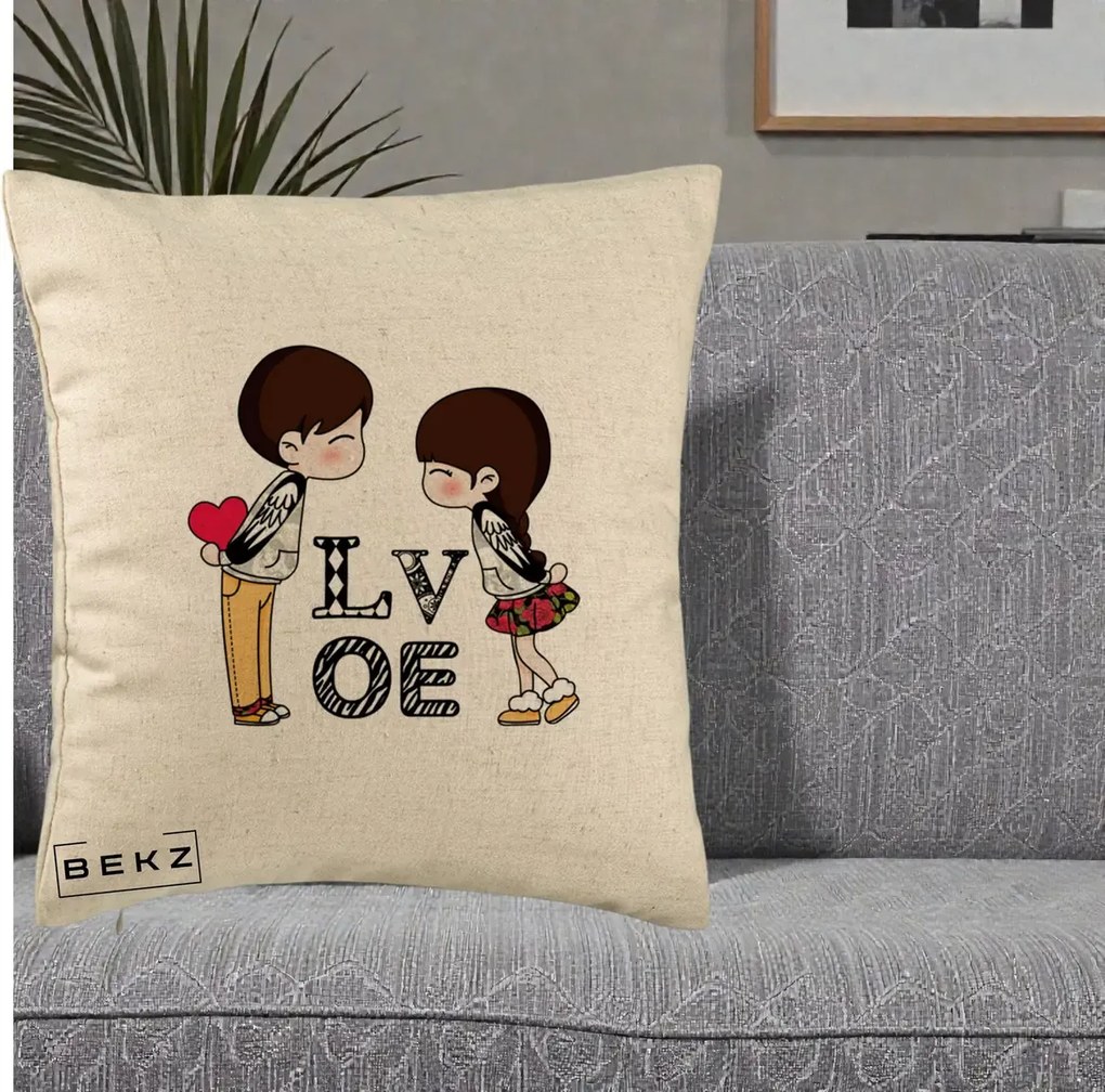 Cadou Romantic - Perna Personalizata Cuplu Kawaii LOVE, 40x40 cm, Bej, Husa Detasabila, Perna Inclusa, BEKZ®
