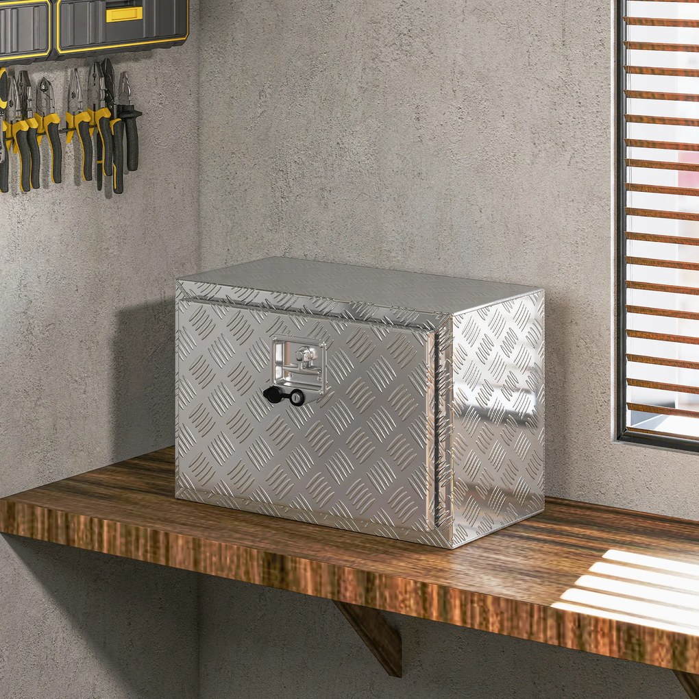 HOMCOM Cutie de Scule din Aluminiu cu Încuietoare și 2 Chei, Box de Depozitare 76L, Rezistentă și Impermeabilă, pentru Pickup Rulote Remorci, 60,9x35,5x40,6cm, Argintiu | Aosom Romania