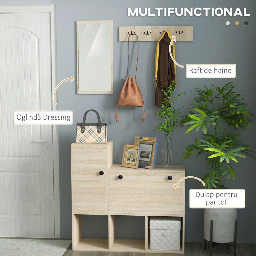 HOMCOM Mobilier pentru Hol cu Depozitare pentru 9 Perechi de Pantofi, Oglindă, Dulap, Rafturi și 4 Cârlige, 90x30x87 cm, Lemn Natural | Aosom Romania