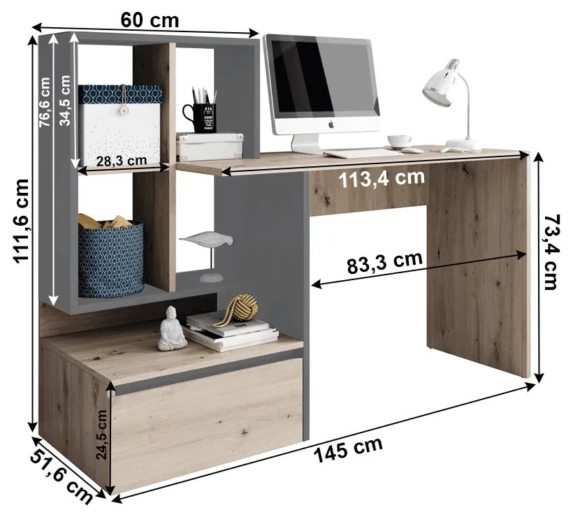 Masa PC, stejar artisan/grafit-antracit deschis, NEREO