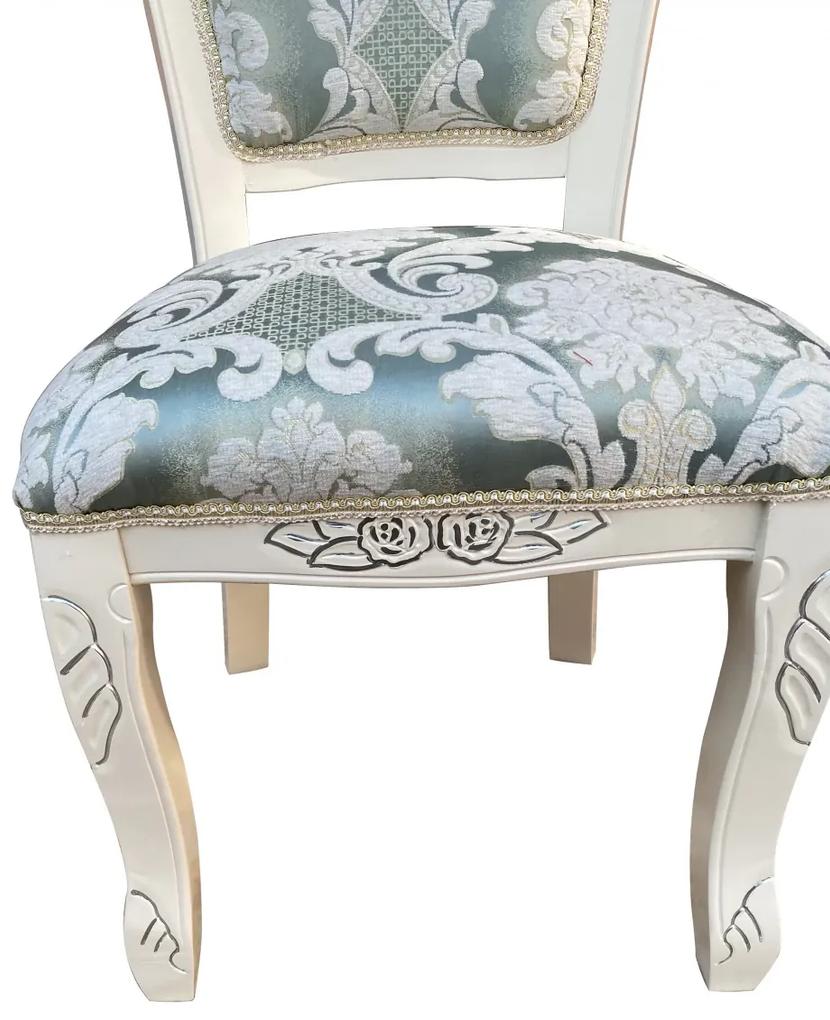 Scaun dining, stil clasic, din lemn masiv, alb, tapițerie textil verde/alb