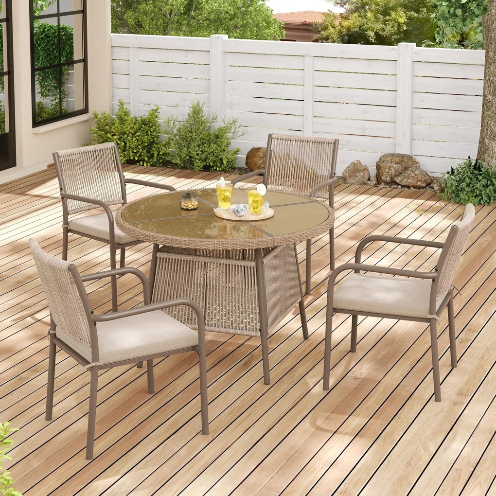 Set mobilier de grădină modern, 5 piese, masă rotundă cu blat din sticlă securizată, 4 scaune cu brațe cu spătar din sfoară, Maro