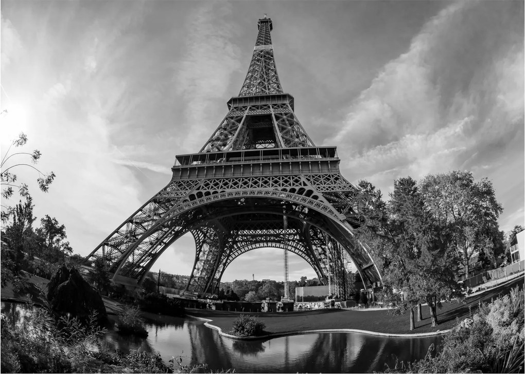 Tablou pe sticlă - Turnul Eiffel, alb-negru (70x50 cm)