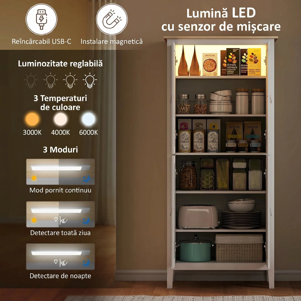 HOMCOM Bufet Înalt de Bucătărie 177 cm, Dulap cu Lumină LED, Reglabil în 3 Culori, Rafturi Ajustabile, Alb | Aosom Romania