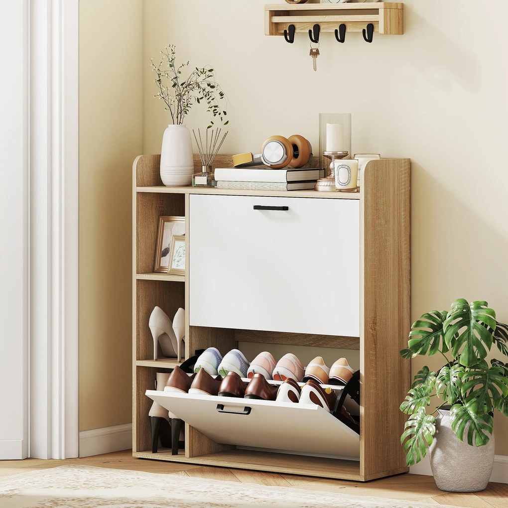 HOMCOM Dulap Slim pentru Pantofi cu 2 Sertare Rabatabile și 3 Compartimente, Capacitate 15 Perechi, 83x24x90,5 cm, Lemn și Alb | Aosom Romania