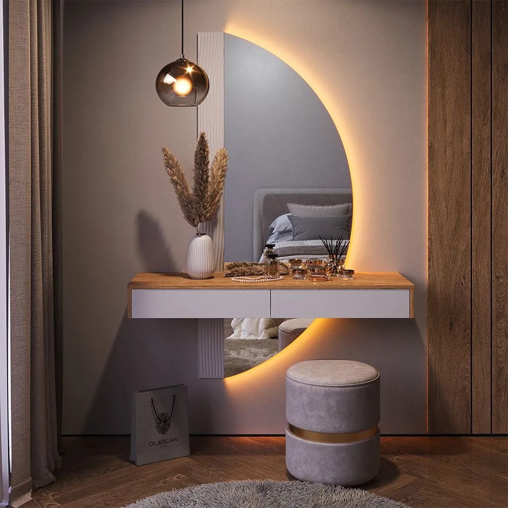 Masuta machiaj cu Oglinda LED si 2 Sertare pentru Cosmetice, Set Masa toaleta 120 cm, Alb, masuta vanity cu Riflaj, cosmetica - SEM236