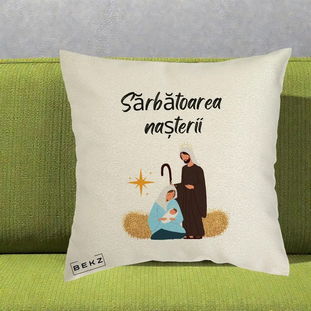 Perna Decorativa Nasterea Domnului Sfanta Familie Sarbatoarea Nasterii, 40x40 cm, Ecru, Husa Detasabila, Perna Inclusa, BEKZ®