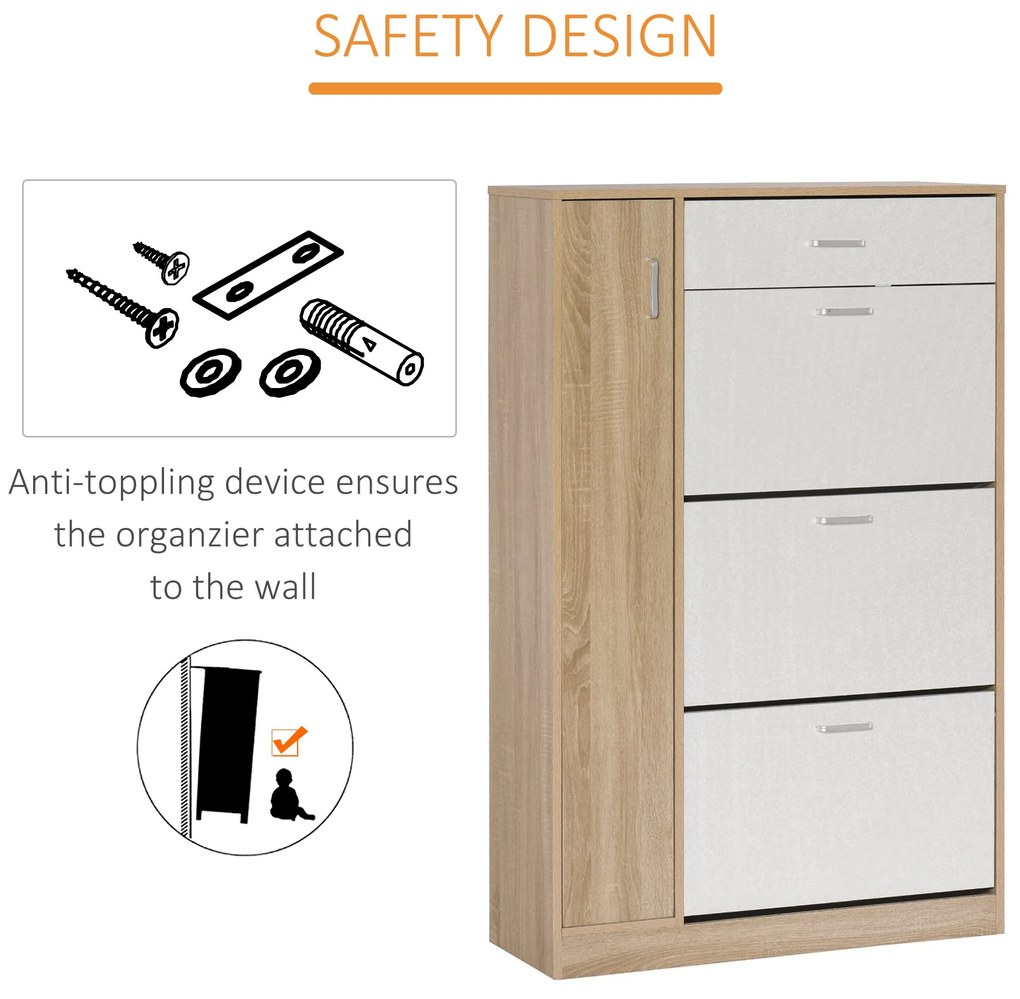 HOMCOM Suport pentru Pantofi Modern care Economiseste Spatiu cu 3 Usi si Rafturi Reglabile, Sertar si Dulapior cu Polite, Culoarea Lemnului si Alb