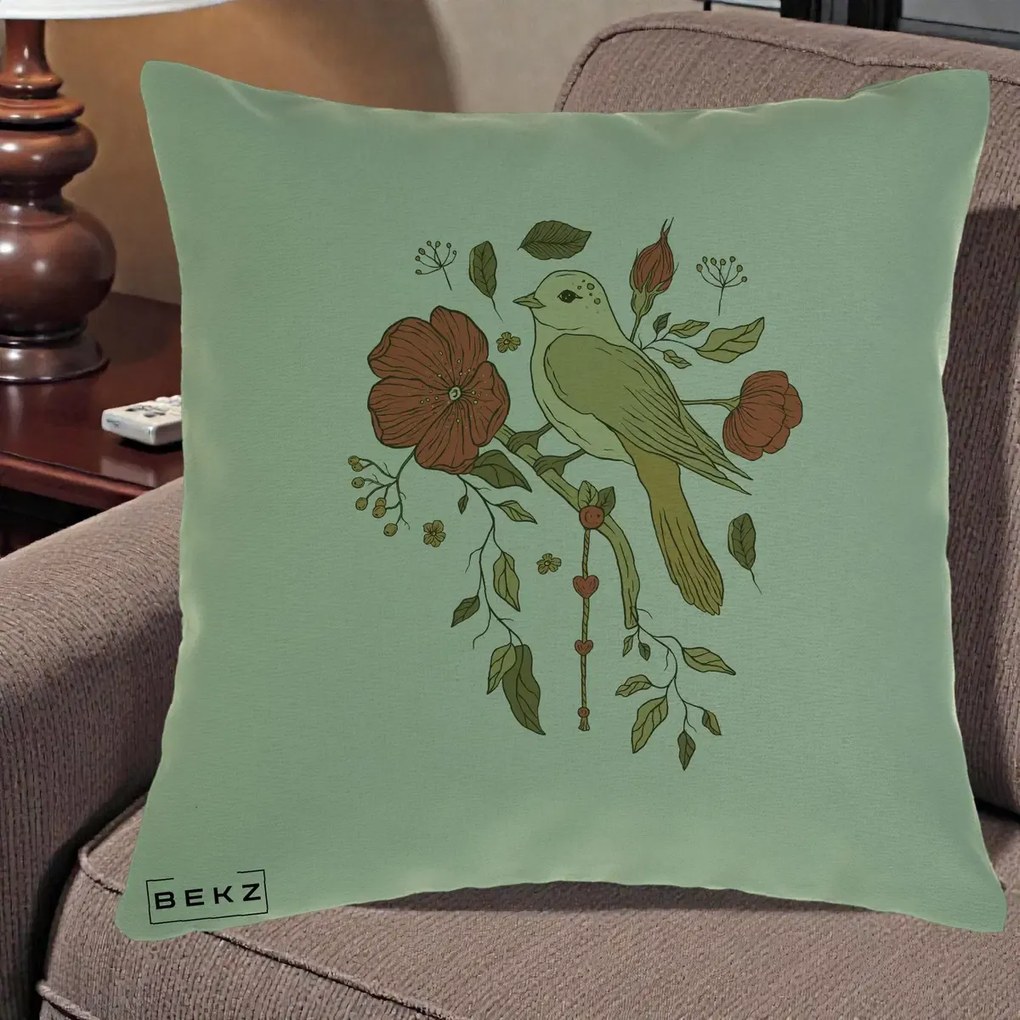 Perna Decorativa Pasare pe Ramura cu Maci, 40x40 cm, Verde, Husa Detasabila, Perna Inclusa, BEKZ®