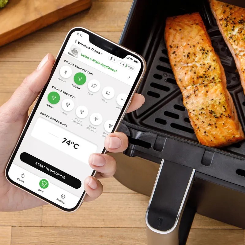 Termometru de bucatarie Ninja ProChef WP100EU, Bluetooth, Aplicatie mobila, Senzor de temperatura, Pana la 370°C, Negru/Argintiu