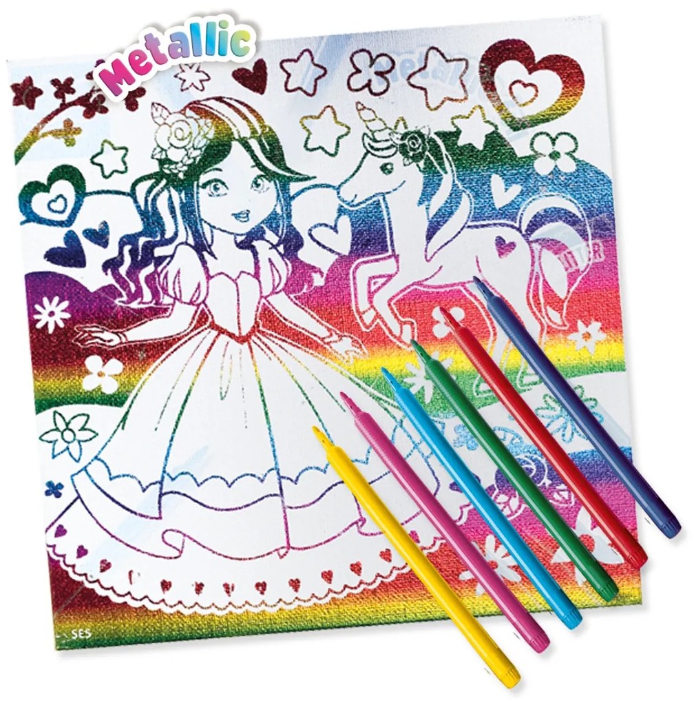 Set creativ copii de colorat pe panza printesa si unicorn cu efect metalic