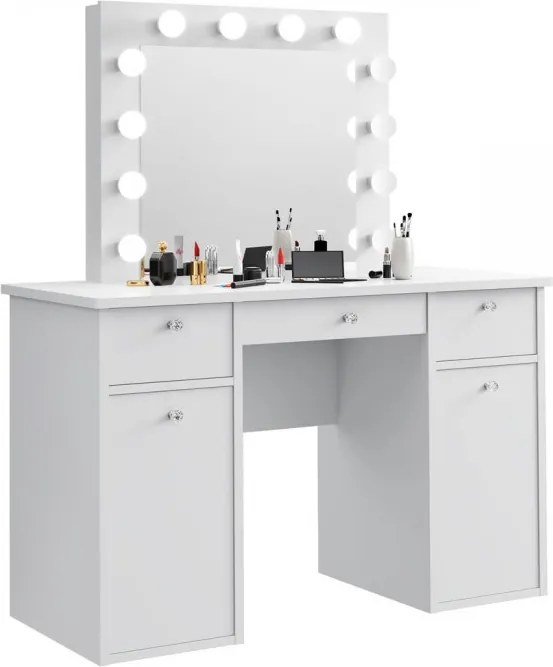 Masuta machiaj cu Oglinda LED si 3 Sertare pentru Cosmetice, Set Masa toaleta 120 cm, Alb, masuta cosmetica, vanity - SEA537