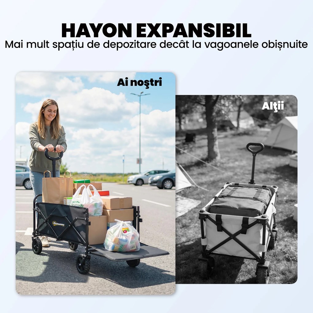 Outsunny Cărucior de Grădină 72L Pliabil cu Mâner Reglabil, din Oțel și Material Oxford, 114x46x92 cm, Negru | Aosom Romania
