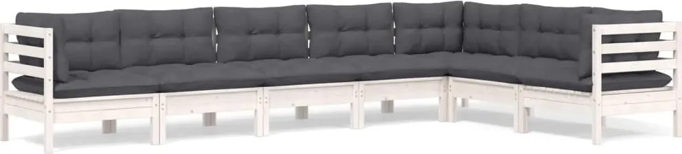 vidaXL Set mobilier grădină cu perne, 7 piese, alb, lemn masiv de pin