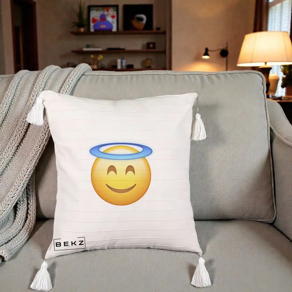 Perna Decorativa Emoji Inger cu Aureola, 40x40 cm, Bej cu Franjuri, Husa Detasabila, Perna Inclusa, BEKZ®
