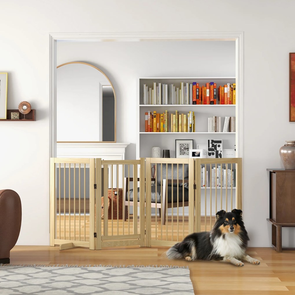 PawHut Poartă pentru câini, independentă, pliabilă, ușă & picioare de susținere, cadru din lemn, 220x36x91cm | Aosom Romania