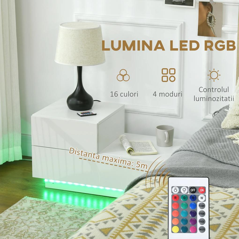 Noptieră LED Modernă HOMCOM | 16 Culori RGB cu Telecomandă | 2 Sertare | PAL | 70x37x38 cm | Alb | Aosom Romania
