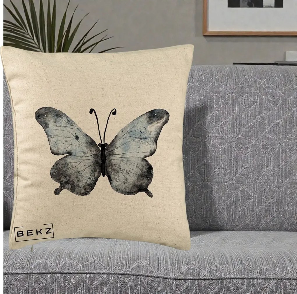 Perna Decorativa Fluture Acuarela Albastru-Gri, 40x40 cm, Bej, Husa Detasabila, Perna Inclusa, BEKZ®