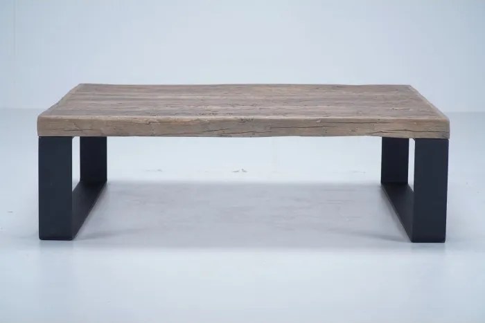 Măsuță de cafea pătrată din lemn de stejar și metal, natur, cu picioare negre, finisaj mat, 37 x 127 x 127 cm, „Alpha”