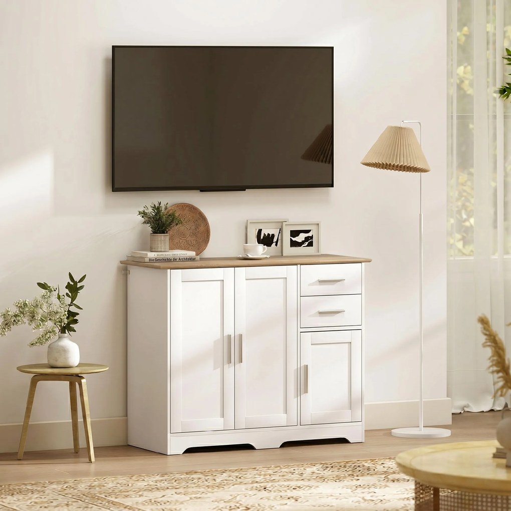 HOMCOM Comodă Modernă din Lemn cu 2 Sertare și 2 Dulapuri, 100x40x78 cm, Alb și Culoare Lemn | Aosom Romania