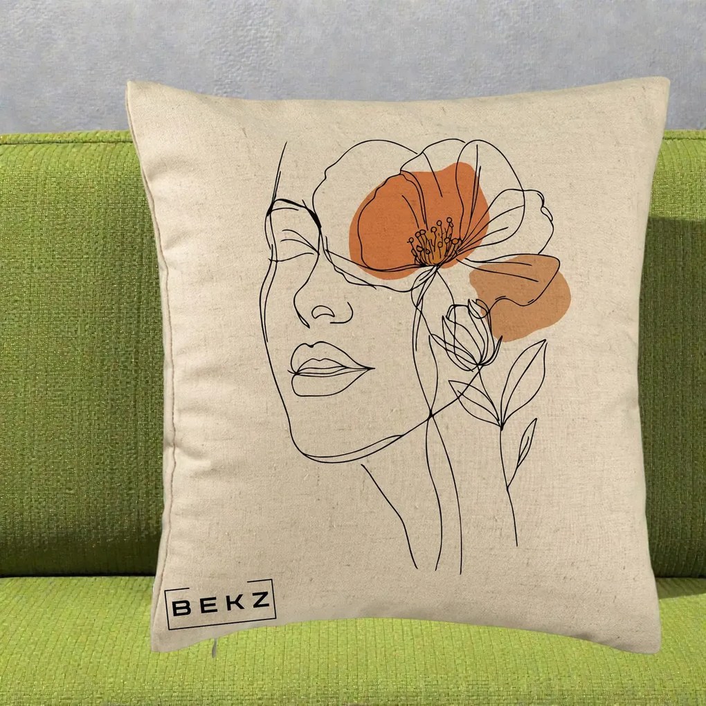 Perna Decorativa Portret Feminin Mac Profilat, 40x40 cm, Bej, Husa Detasabila, Perna Inclusa, BEKZ®