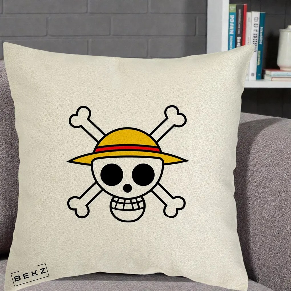 Perna Personalizata One Piece Jolly Roger Straw Hat Pirates, 40x40 cm, Ecru, Husa Detasabila, Perna Inclusa, BEKZ®
