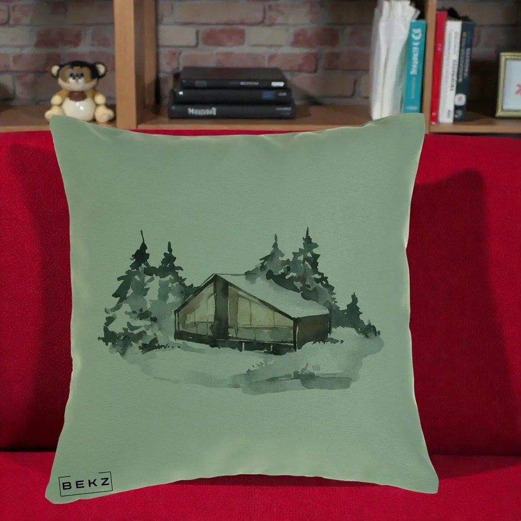 Perna Decorativa Cabana de Iarna in Padure, 40x40 cm, Verde, Husa Detasabila, Perna Inclusa, BEKZ®
