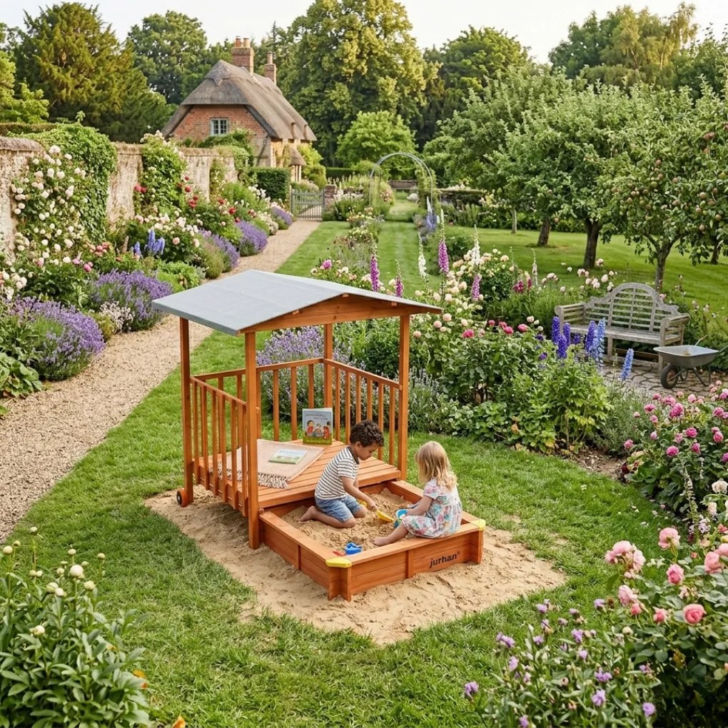 Groapa cu nisip cu verandă SUNNY, 130x130x143cm, maro/gri Jurhan