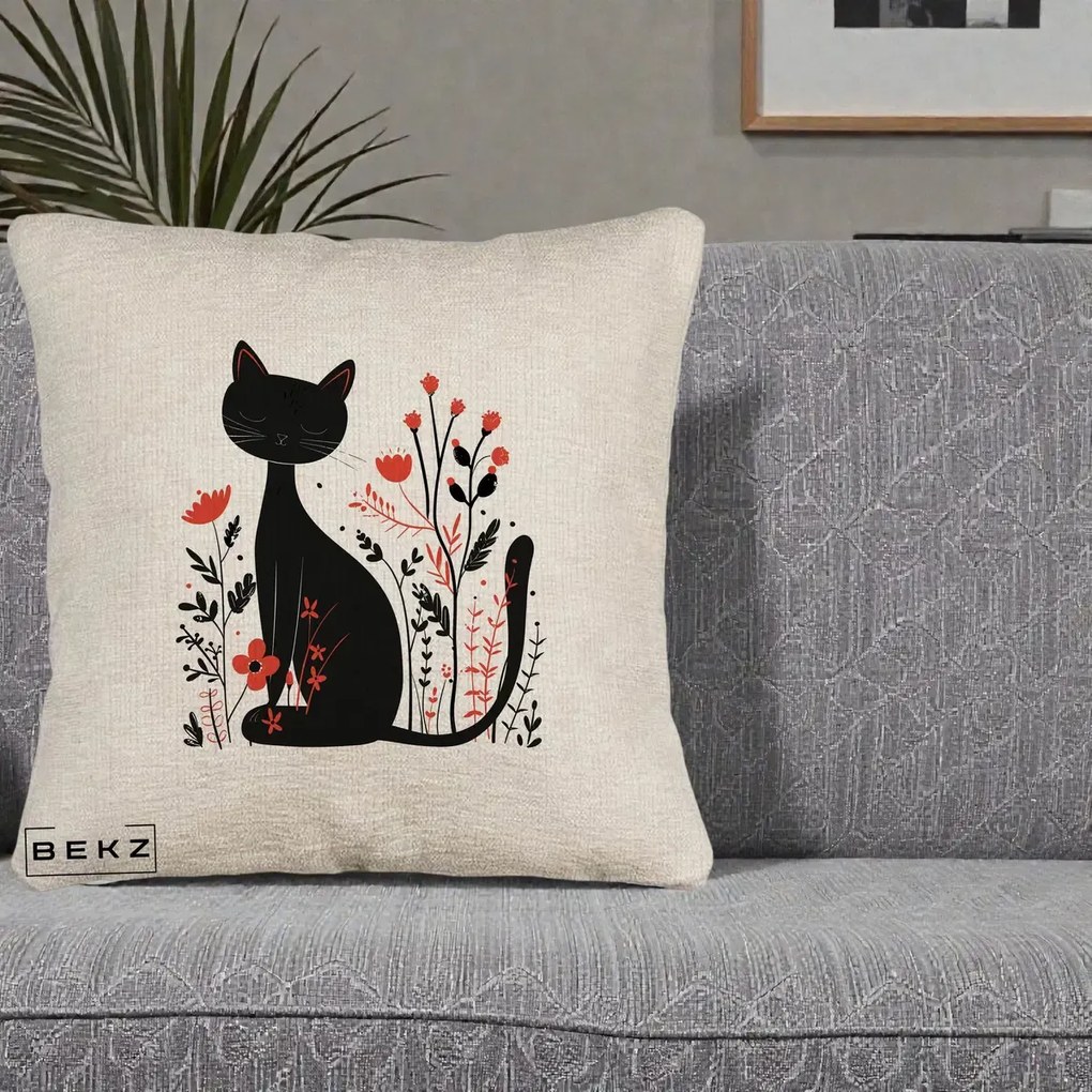 Perna Decorativa Pisica Neagra Flori Rosii Folk Minimal, 40x40 cm, Bej Canapea, Husa Detasabila, Perna Inclusa, BEKZ®