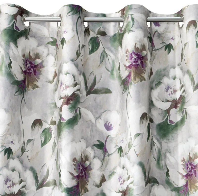Draperie gri-alb, cu flori albe, pe inele Lungime: 250 cm