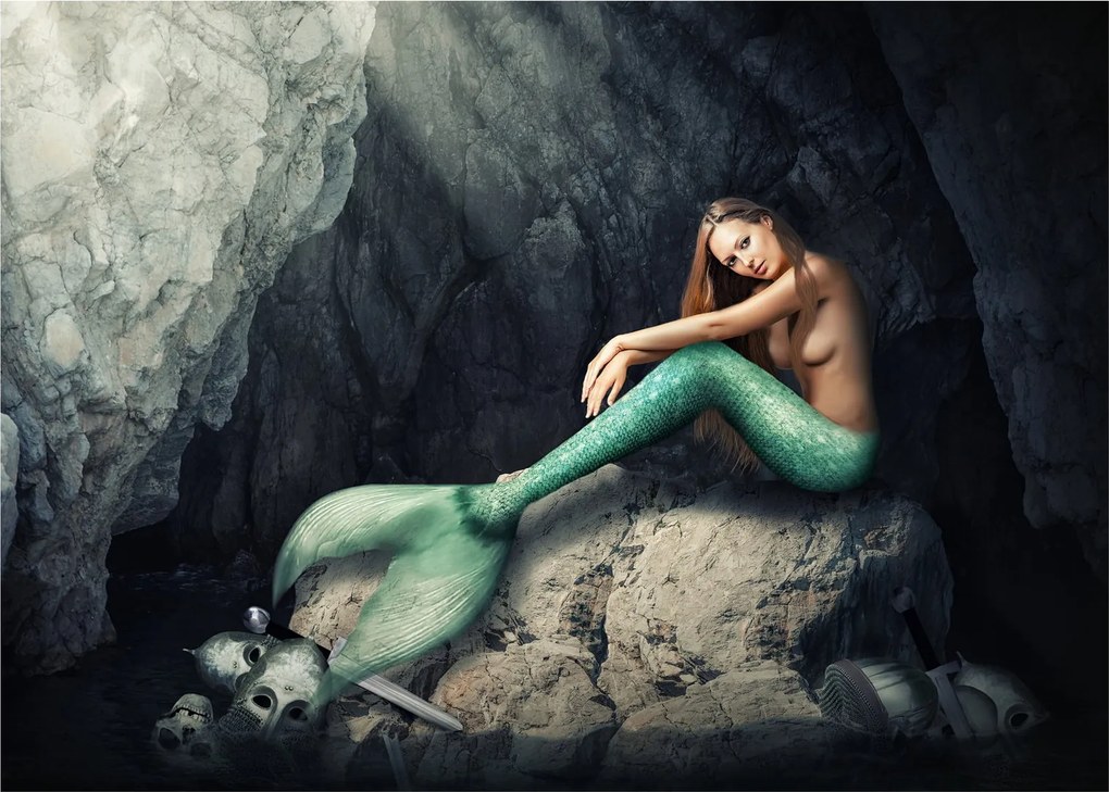 Tablou pe sticlă - Sirena pe stâncă (70x50 cm)