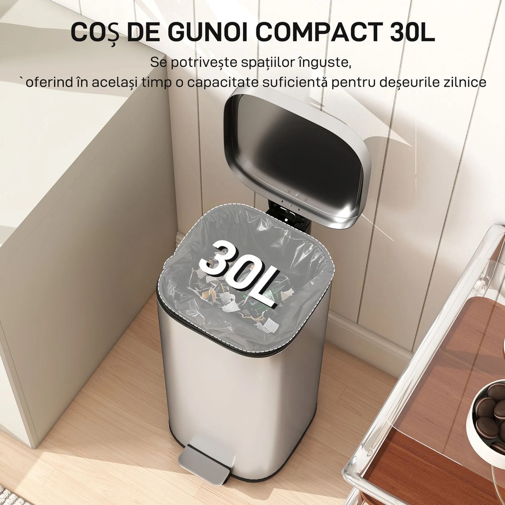 Coș de Gunoi HOMCOM de 30L cu Închidere Amortizată și Găleată Detașabilă, Pedală din Metal și PP, 29x36x59,5 cm, Argintiu | Aosom Romania