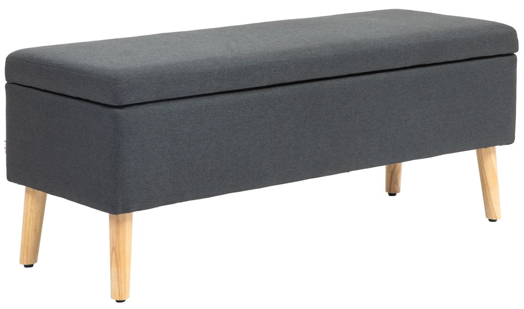 HOMCOM Bancă tapițată cu depozitare, bancă de dormit în model de in, lemn de cauciuc, 110 x 39 x 45 cm, Gri închis | Aosom Romania