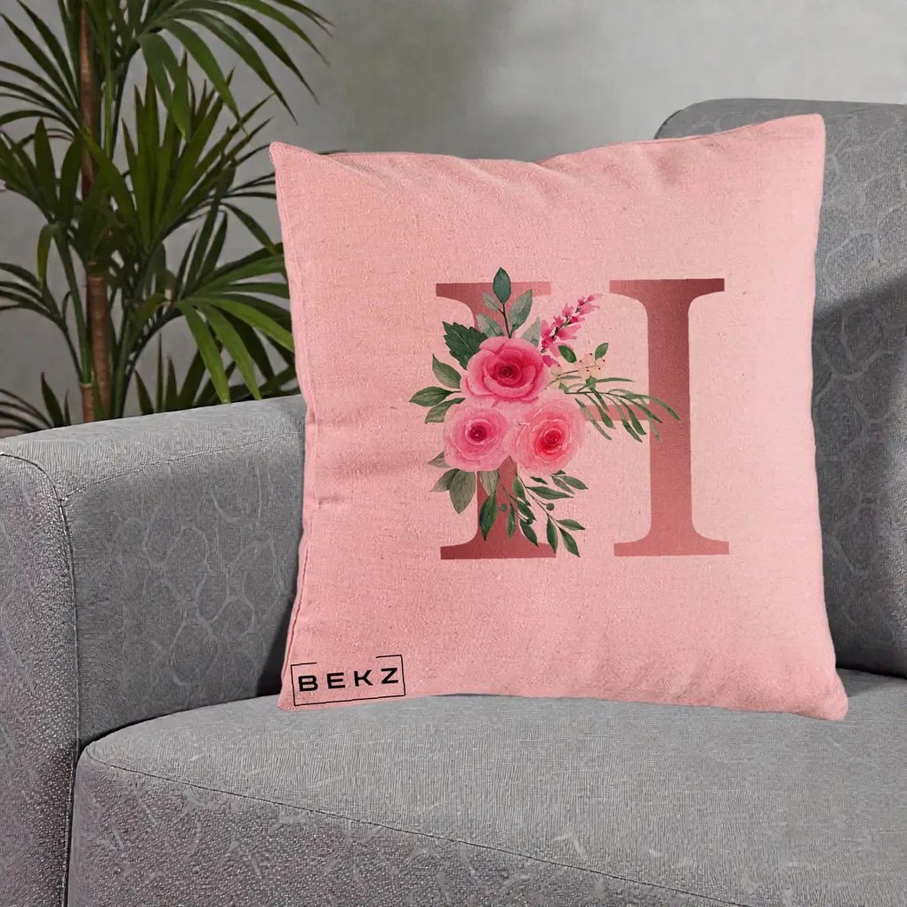 Cadou Personalizat - Perna Personalizata Monograma Rose Gold Litera H, 40x40 cm, Roz, Husa Detasabila, Perna Inclusa, BEKZ®
