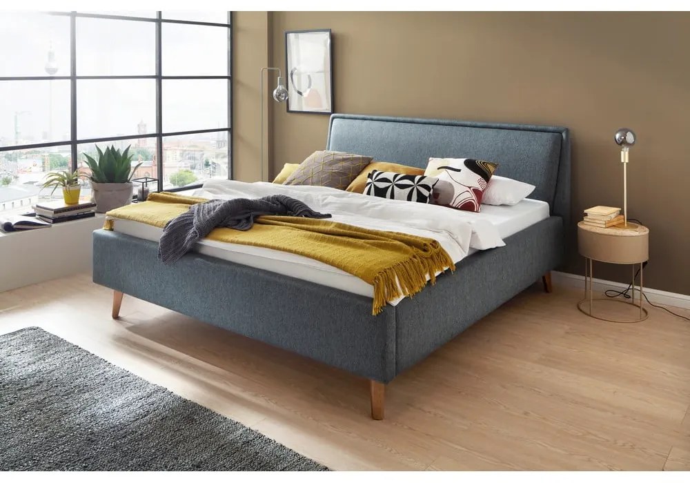 Pat matrimonial verde/albastru tapițat cu spațiu de depozitare cu somieră 180x200 cm Frieda – Meise Möbel