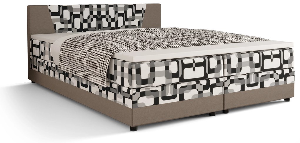 Pat matrimonial Boxspring 140 cm Linda Comfort (Motiv + gri maro) (cu saltea și sp. depozitare). 1056051