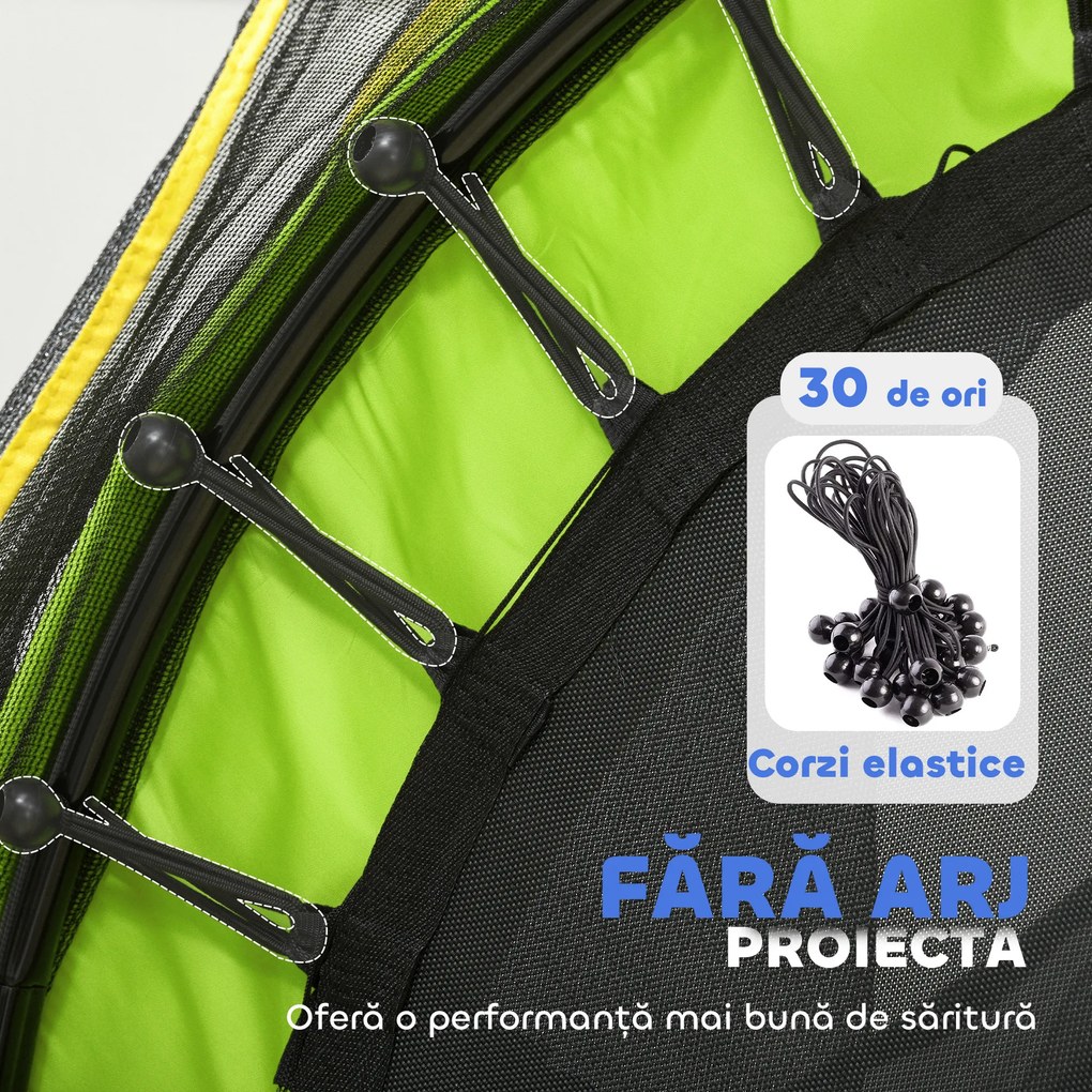 HOMCOM Saltea Elastică pentru Copii 3-6 Ani cu Plasă de Protecție, 6 Stâlpi și 3 Intrări, Ø140x190 cm, Verde | Aosom Romania